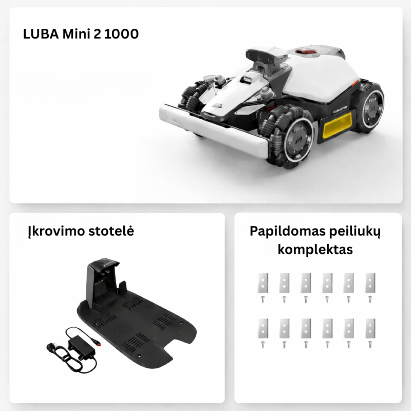LUBA mini AWD 1000: perimetrinis belaidis robotas vejapjovė (iki 10 arų) 2026m modelis